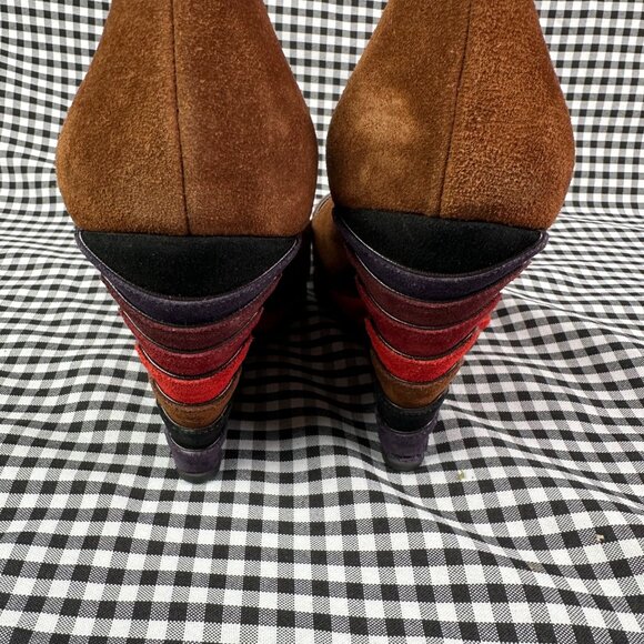 Miu Miu Vintage Y2K Suede Brown Rainbow Wedge Peep Toe Heel EU 38.5 / US 8.5 - Picture 3 of 7
